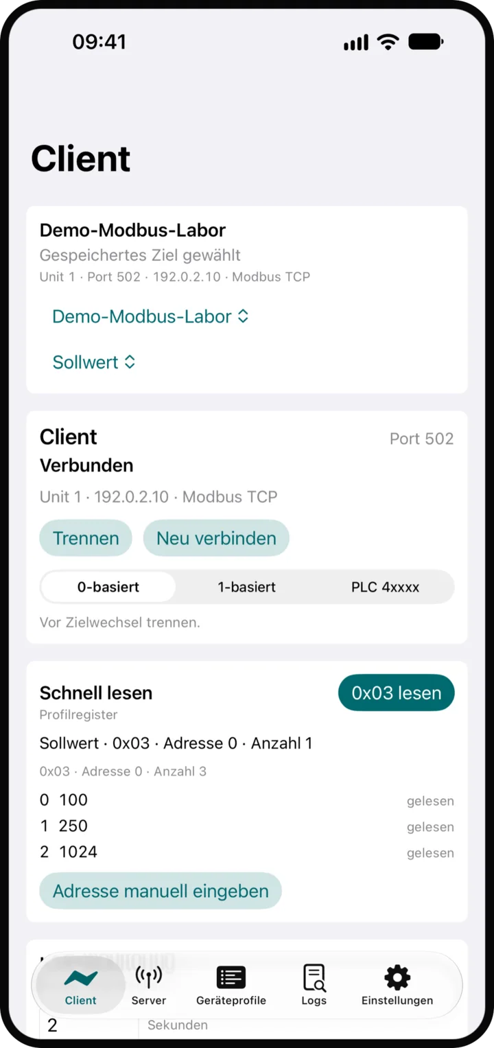 FieldKit-Client-Ansicht, verbunden mit einem Modbus-TCP-Gerät, mit drei Holding-Register-Werten