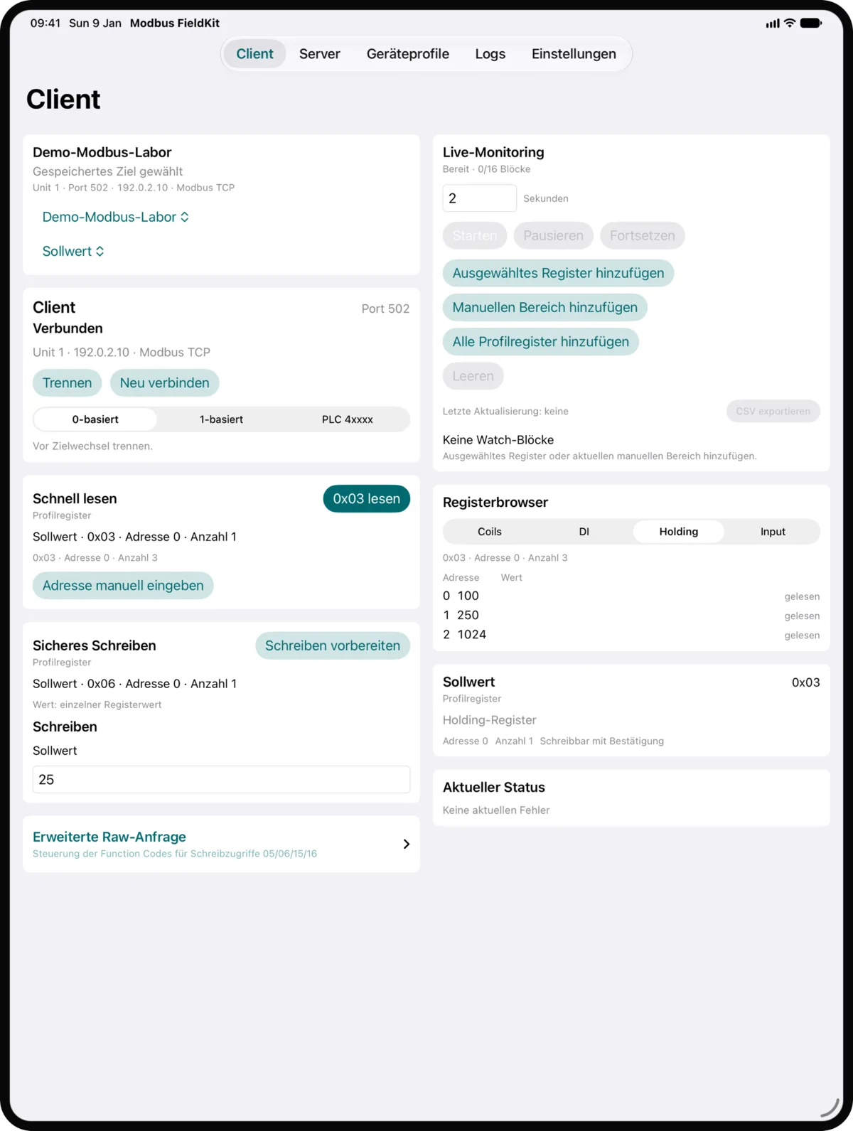 FieldKit auf dem iPad mit dem Client links und Live-Monitoring und Registerbrowser rechts
