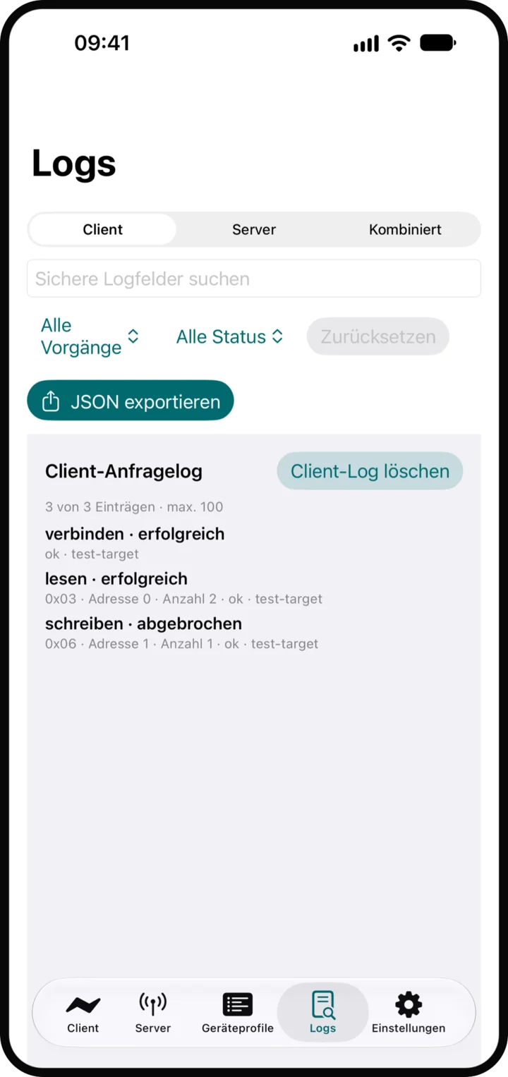 Logs: Verlauf von Client und Server mit Filtern und bereinigtem Export.