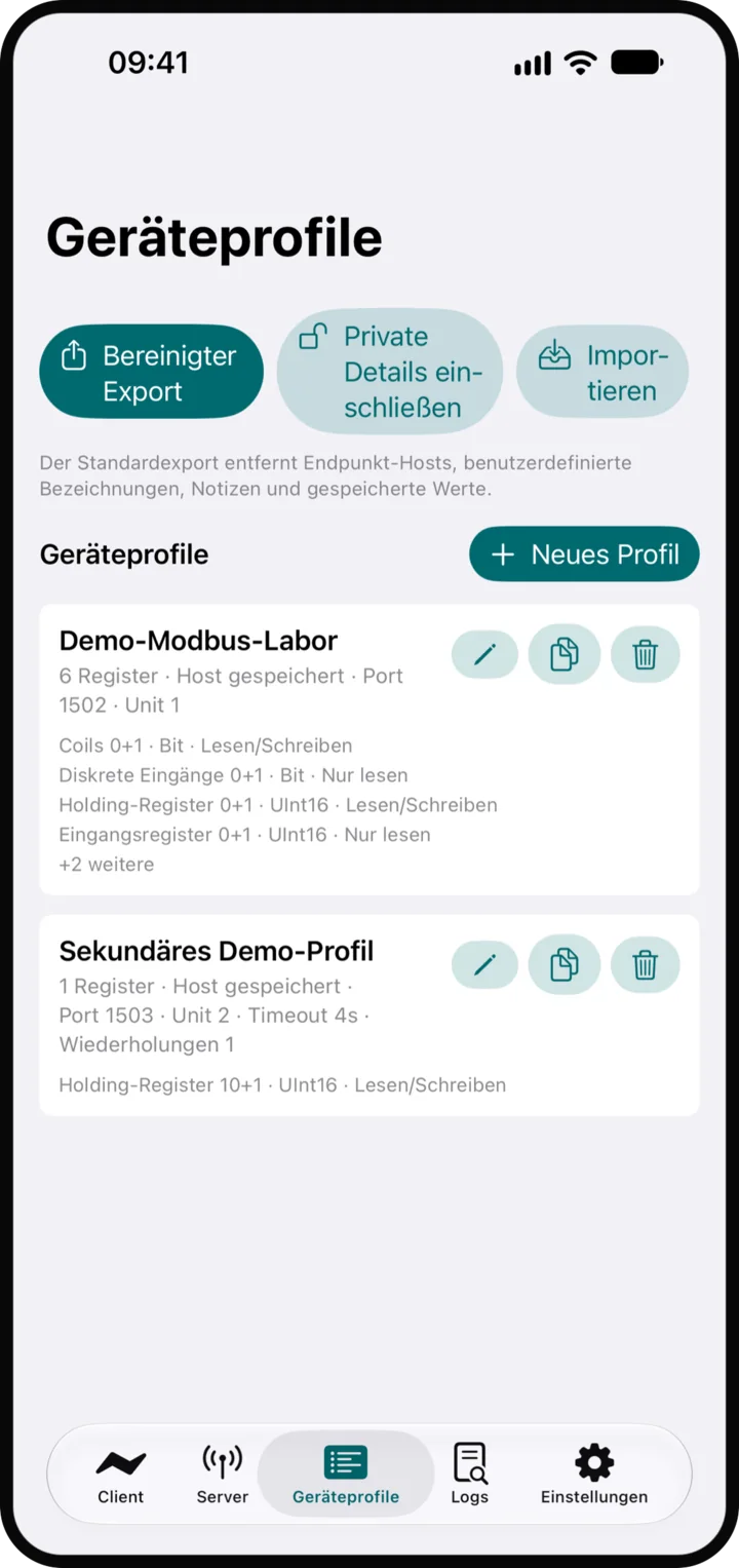 Geräteprofile: Gespeicherte Geräte und ihre Registerdefinitionen.