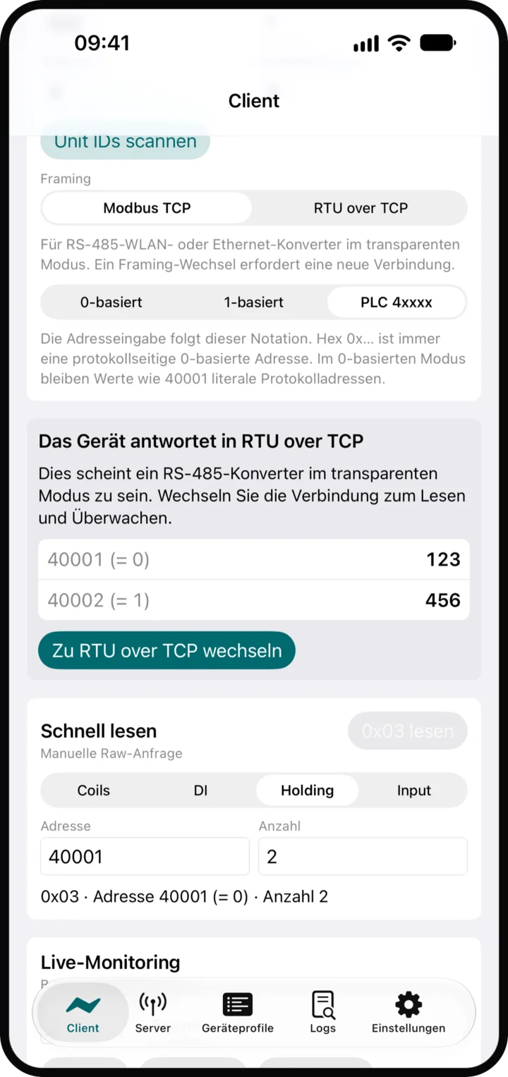 Die App erkennt einen transparenten Konverter und bietet an, das Framing zu wechseln.