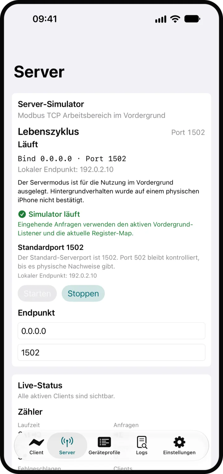 FieldKit-Server-Ansicht auf Port 1502 mit Zählern und Endpunktdetails