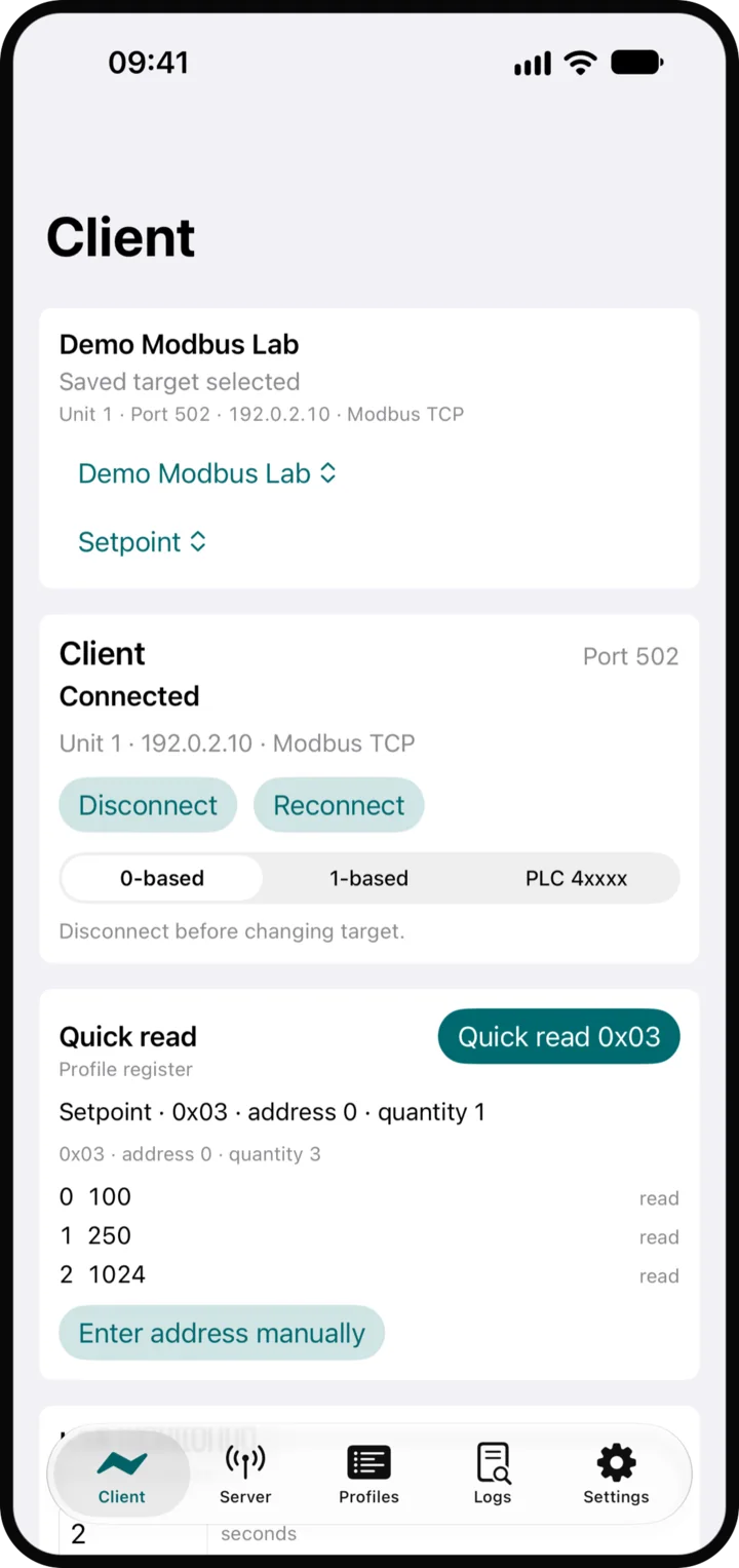 FieldKit client screen connected to a Modbus TCP device, showing three holding register values