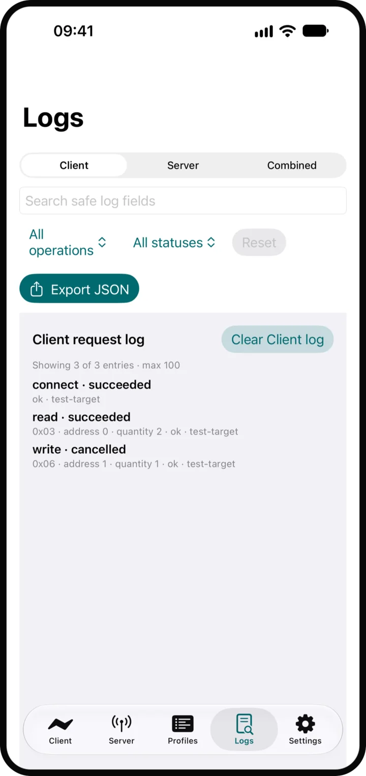Logs: Client and server history with filters and sanitized export.