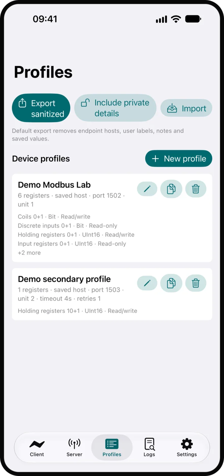 Profiles: Saved devices and their register definitions.