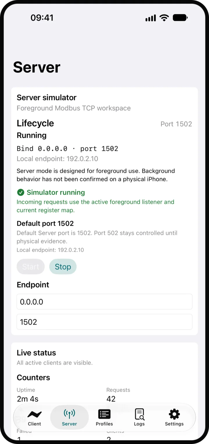 FieldKit server screen running on port 1502 with counters and endpoint details