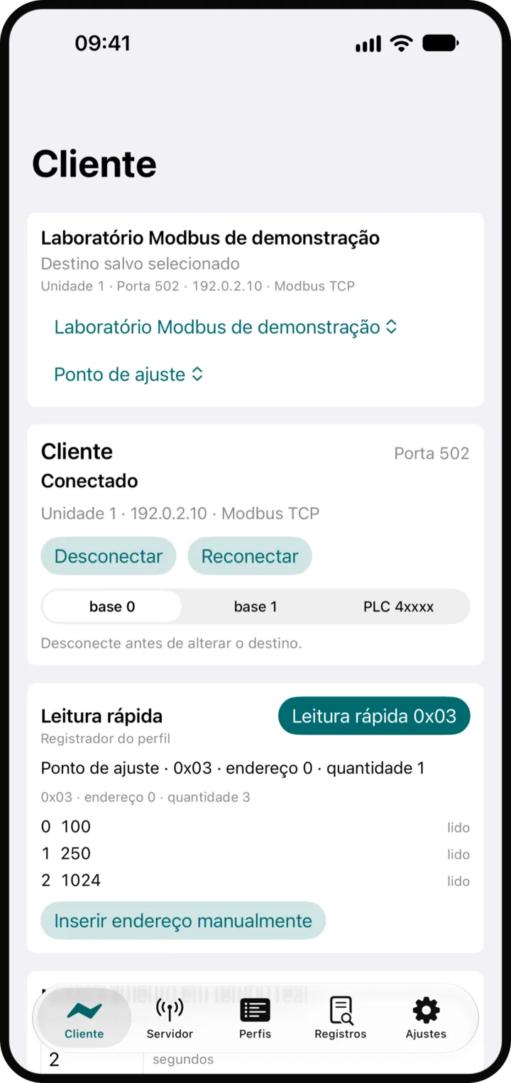 Tela do cliente do FieldKit conectada a um dispositivo Modbus TCP, mostrando três valores de holding registers