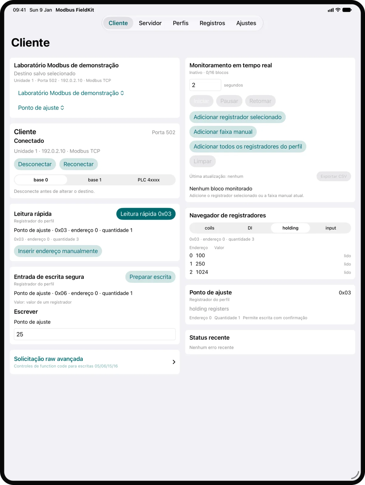 FieldKit no iPad com o cliente à esquerda e o monitoramento em tempo real e o navegador de registradores à direita