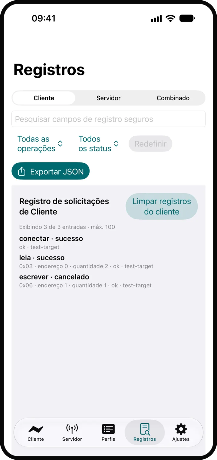 Registros: Histórico do cliente e do servidor com filtros e exportação sanitizada.