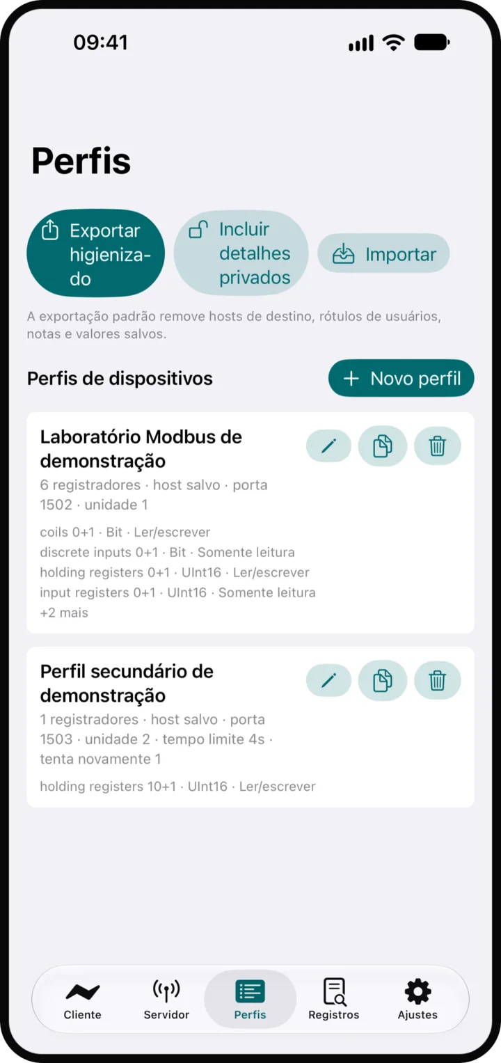 Perfis: Dispositivos salvos e suas definições de registradores.
