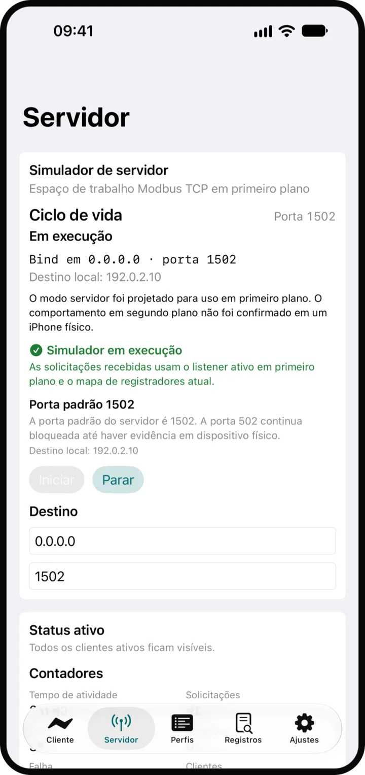 Tela do servidor do FieldKit rodando na porta 1502 com contadores e detalhes do endpoint